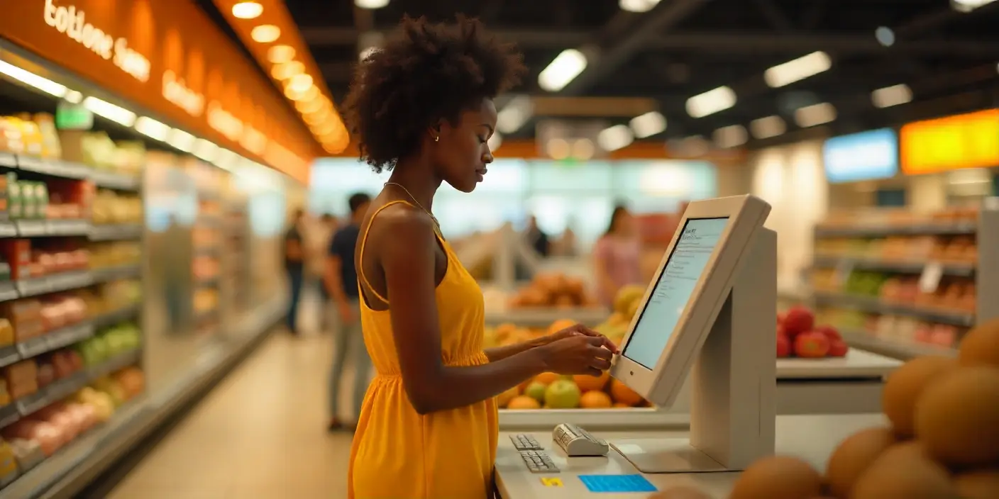 mulher usando self atendimento no supermercado para ilustrar texto sobre automação no varejo