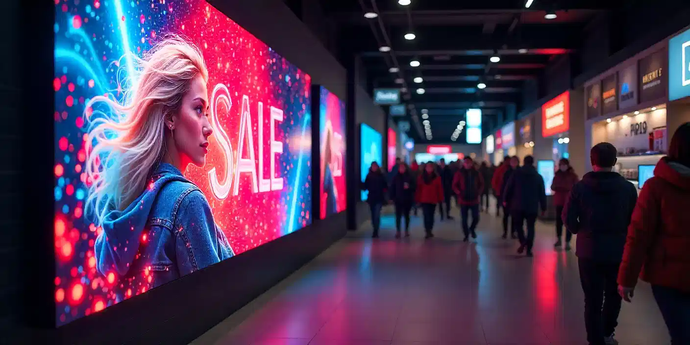 corredor de shopping com led para ilustrar texto sbore venda no pdv com painel de led