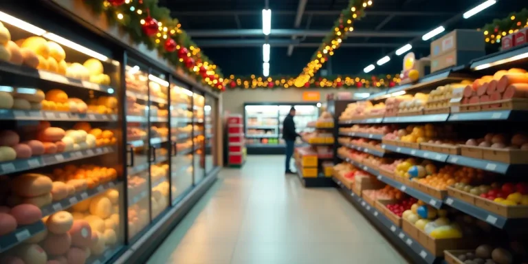 imagem de um corredor de supermercado com decoração de natal para ilustrar texto sobre campanha de natal no supermercado