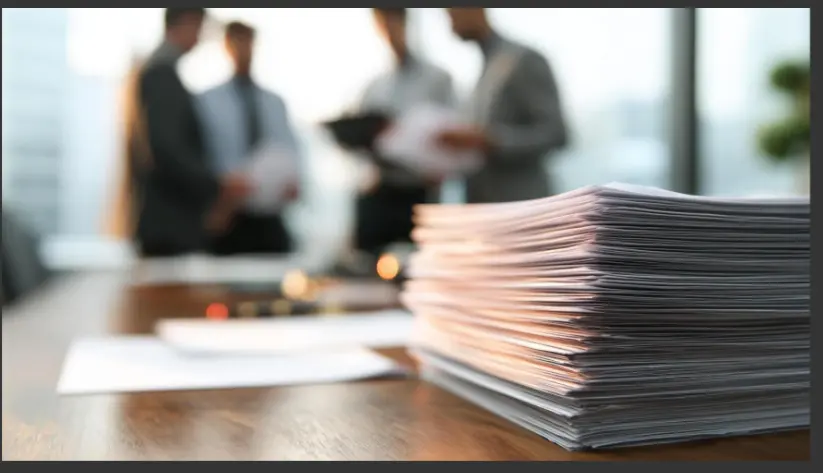 pilha de documentos em mesa para ilustrar texto sobre gest&atilde;o de documentos de rh