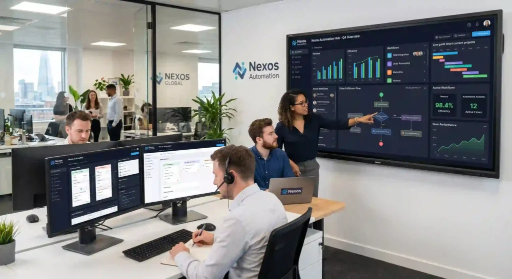 profissionais analisando dashboard para ilustrar texto sobre automa&ccedil;&atilde;o empresarial
