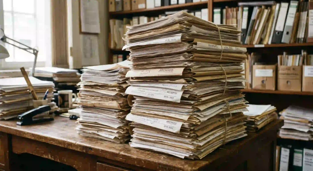 imagem de uma pilha de documentos para ilustrar texto sobre descarte de documentos