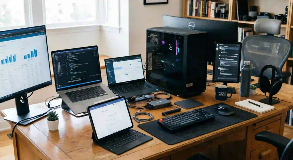 notebook e desktop em cima de uma mesa para ilustrar texto sobre dispositivos de ti
