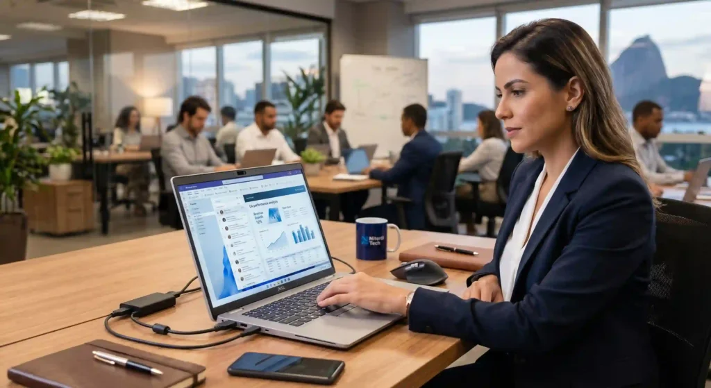 executiva usando notebook para ilustrar texto sobre notebook ou desktop melhor op&ccedil;&atilde;o para empresas