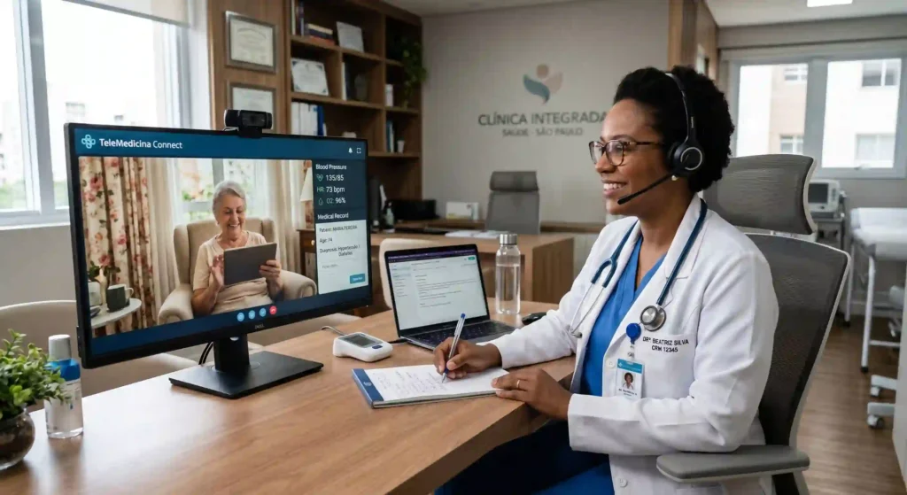 idosa fazendo atendimento online para ilustrar texto sobre telemedicina