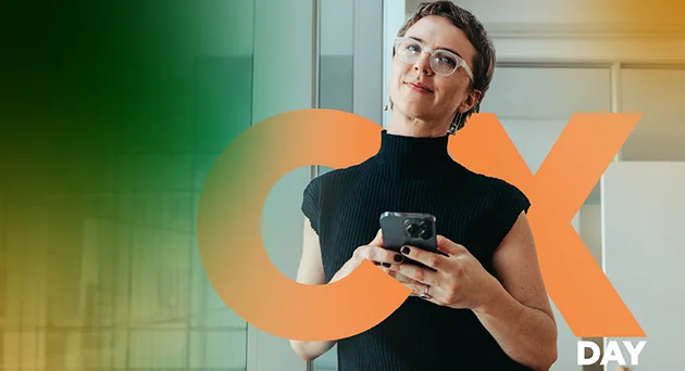 mulher ao fundo com as letras cx em laranja para ilustrar campanha cx day da Selbetti