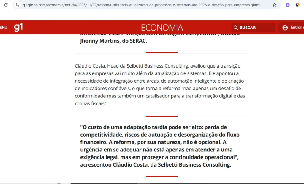 print do texto publicado pelo g1 com fala do claudio costa head da selbetti business consulting
