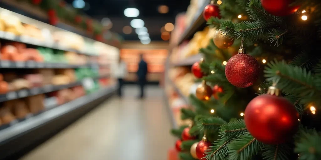 árvore de natal em um supermercado para ilustrar texto sobre natal no varejo