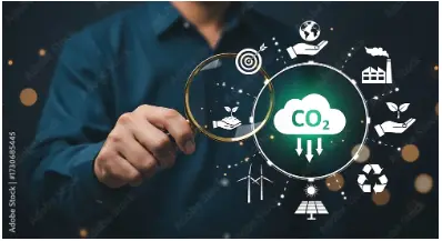 homem com símbolos de equipamentos de ti e a sigla co2 para ilustrar texto sobre compensação de carbono