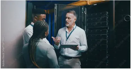 profissionais de ti em um data center para ilustrar texto sobre escalabilidade em ti