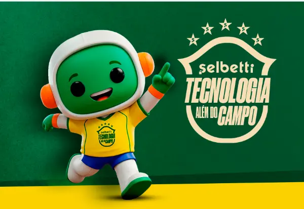 Orbitti, mascote da Selbetti ilustrando a campanha de copa do mundo 2026: além do campo