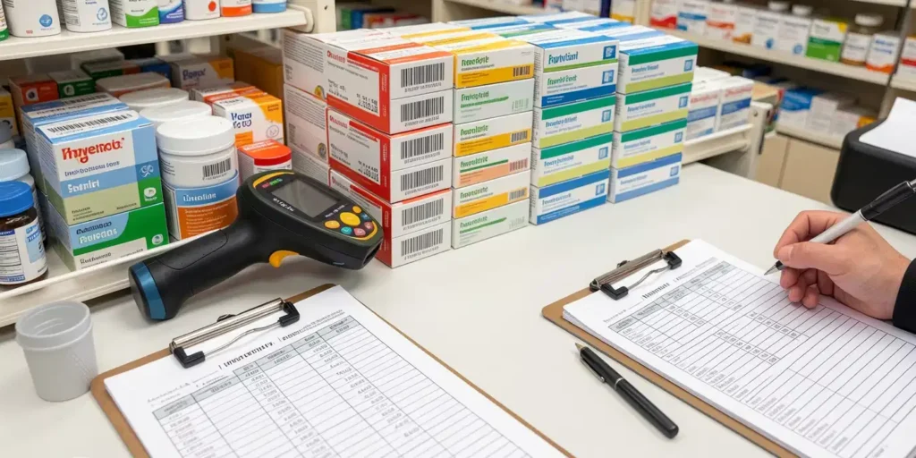 medicamentos , prancheta para ilustrar texto sobre inventário de medicamentos controlados