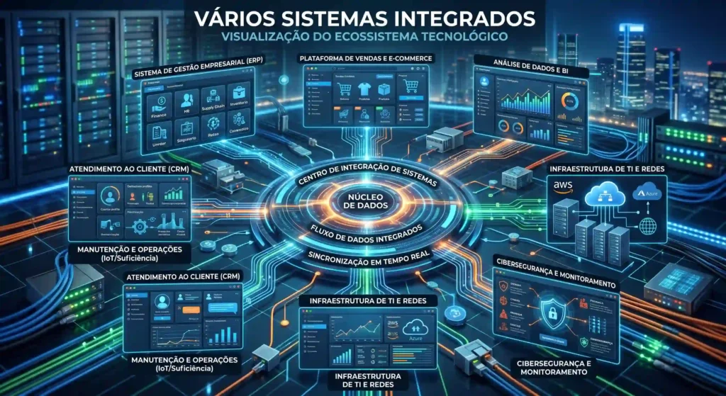 vários sistemas conectados para ilustrar texto sobre integração de sistemas
