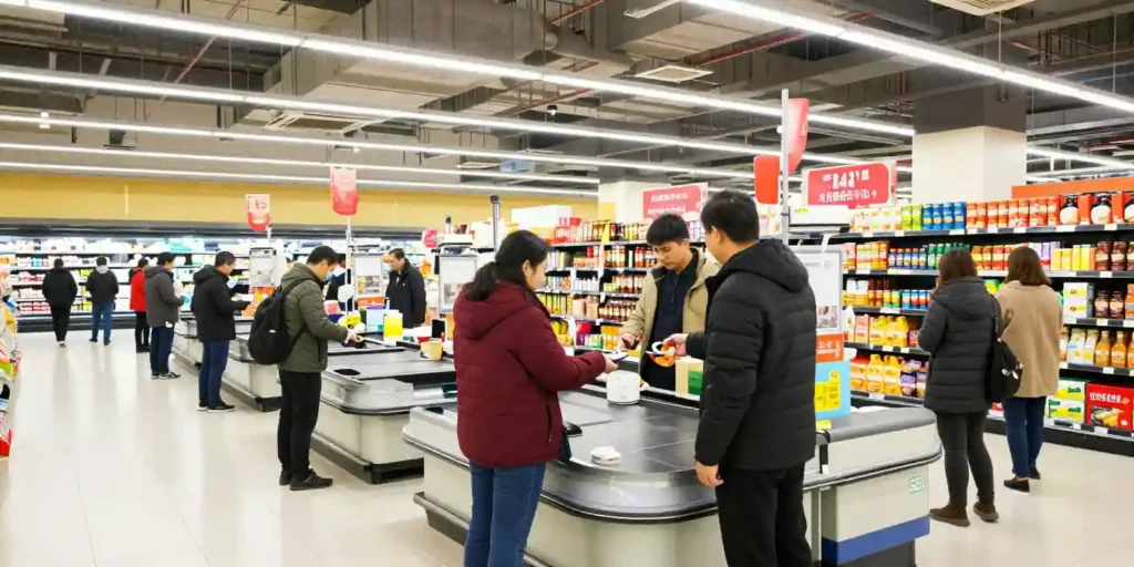pessoas no caixa de mercado para ilustrar texto sobre aumento de ticket m&eacute;dio