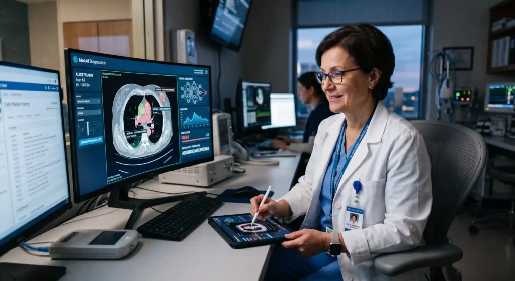 m&eacute;dica usando ia para ilustrar texto sobre resolu&ccedil;&atilde;o do crm