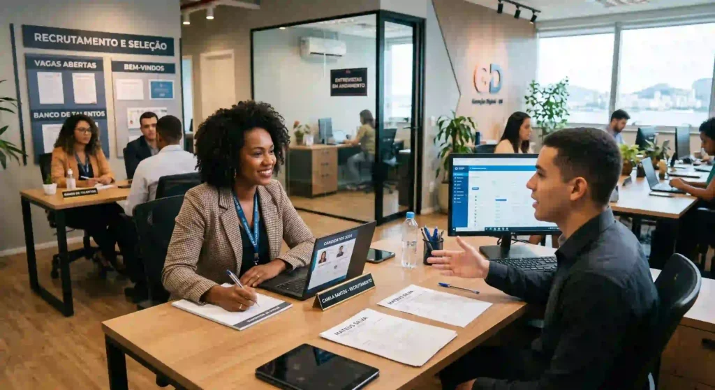profissional fazendo entrevista para ilustrar texto sobre recrutamento interno