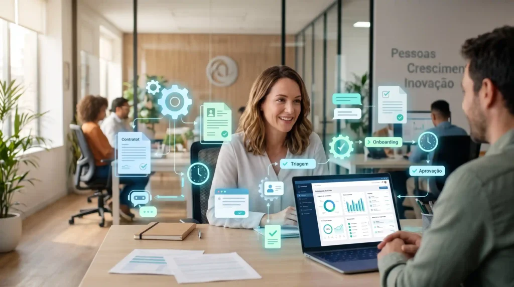 imagem de uma entrevista de emprego com frases de processos de rh para ilustrar texto sobre automação de rh